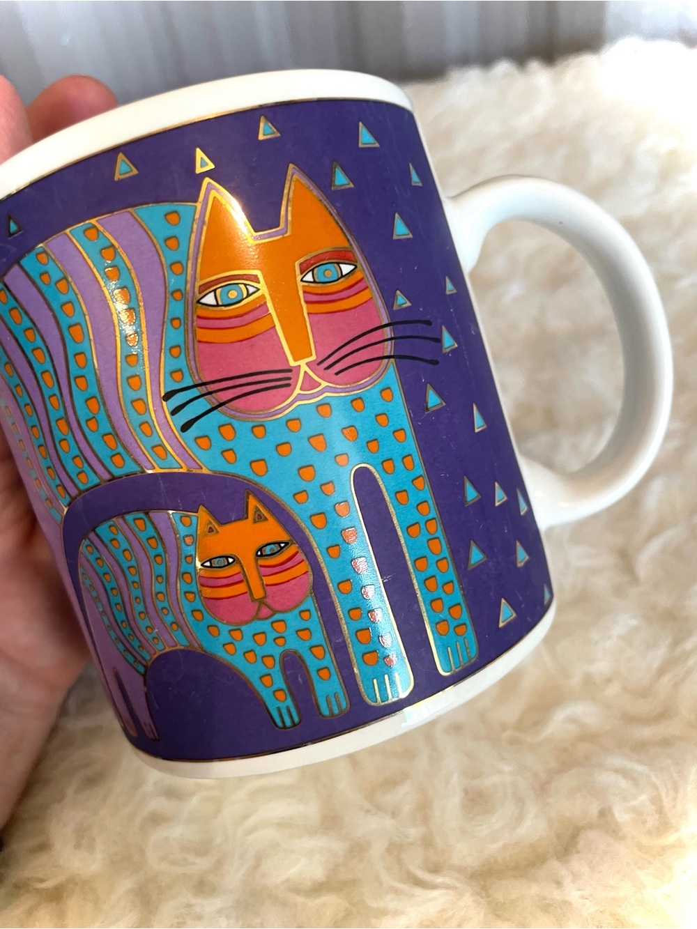 Laurel Burch Coffee Mug Cup 1991 Mr Jios Cat Matte Purple Background Gold Leaf